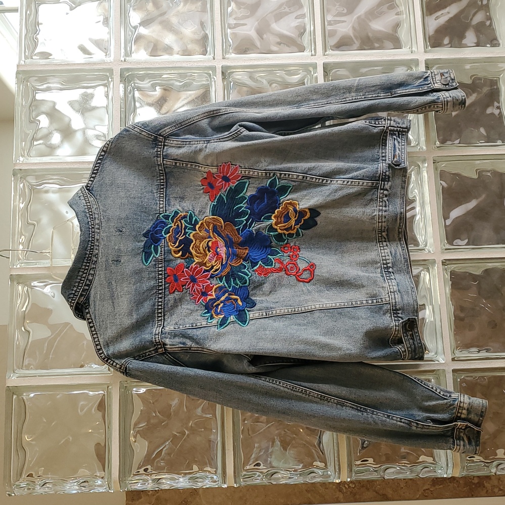 Philosophy Blue Jean Jacket with Floral Embroidery